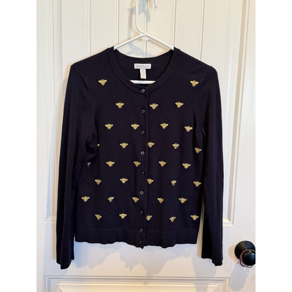 Charter Club Cardigan Womens Medium Navy Blue Gold Bee Embroidered Button Front